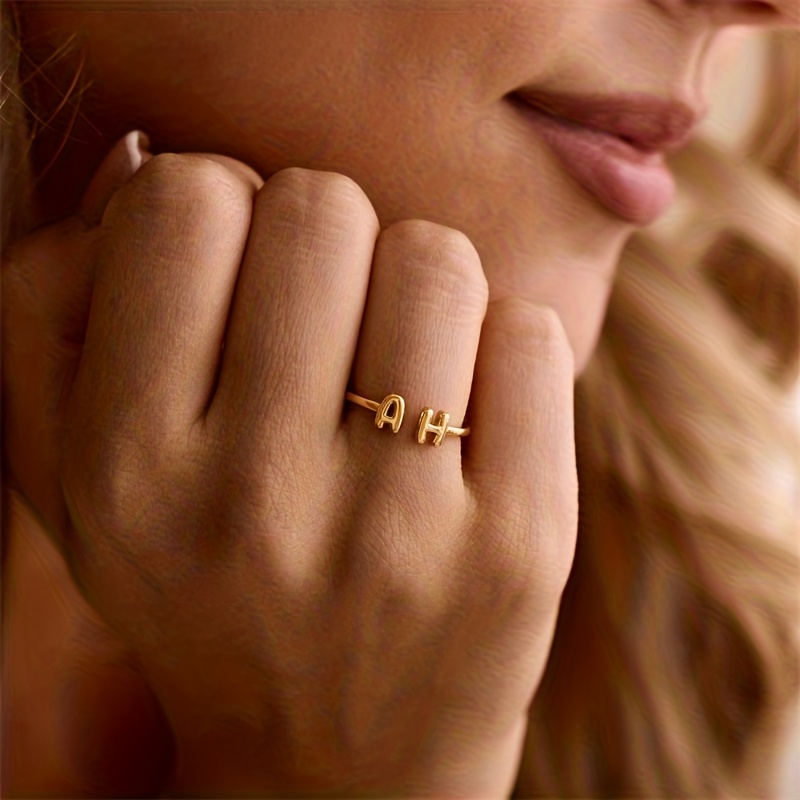 TEMU Custom Initial Bubble Letter Ring Stainless Steel Opening Adjustable Ring Personalized Daily Matching Bohemian Style Jewelry Couple Gift