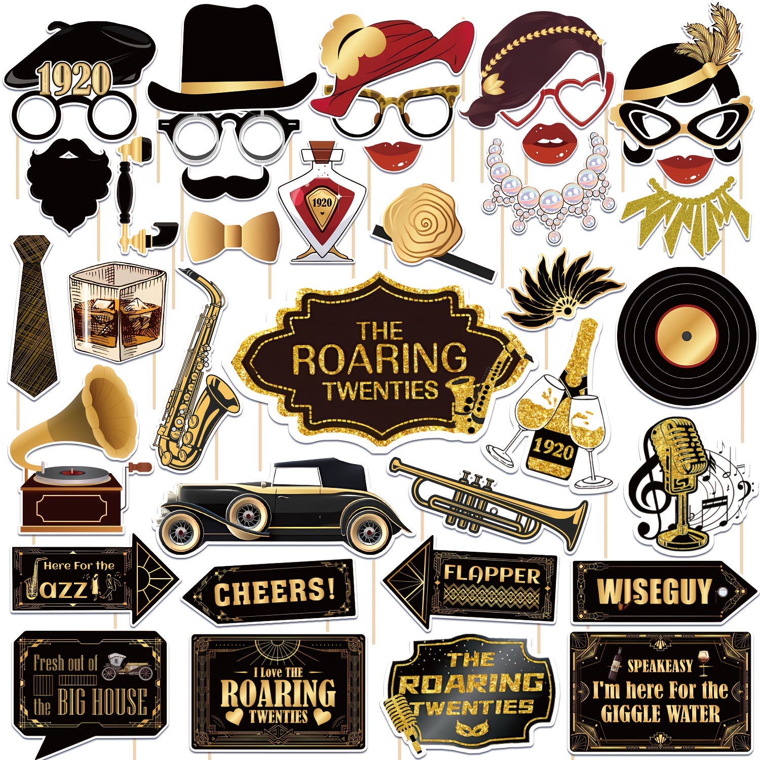 Image of 40pcs Of Roaring 20s Decorations, 1920s Party Photo Props, Paper Roaring 20s Party Photo Booth Decorations, Suitable For Vintage 1920s Home, Living Room, And Outdoor Birthday Decorations