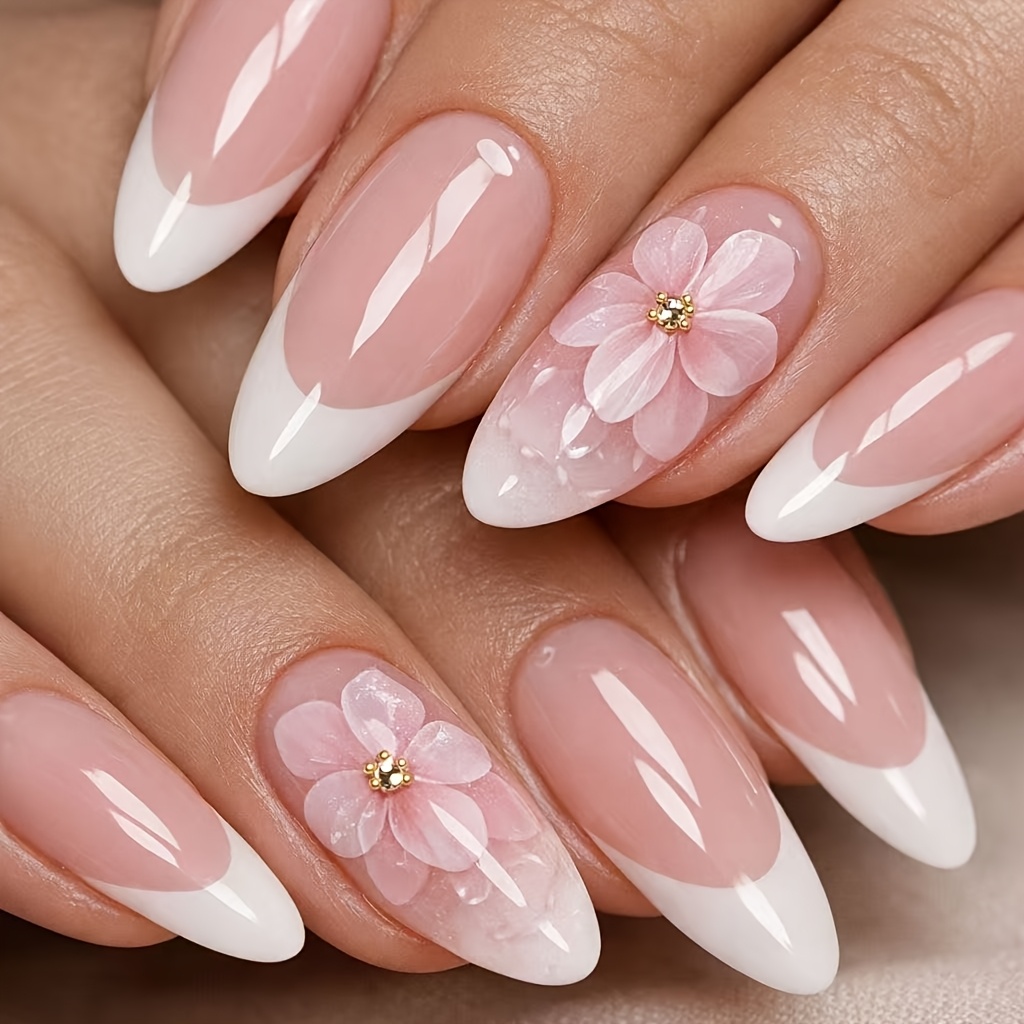 24pcs Premium Nude Pink Floral Ombre Press-on Nails With Golden Bead Accents, Elegant Detachable Artificial Nails