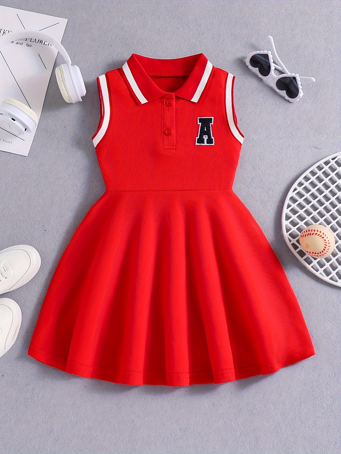 Sporty Elegance] Girls' Red Tennis & Athletic Dress - Breathable, Sweat Absorbent Polyester with Stretch | Sleeveless Design with Black Lettering for Sports & Casual Wear