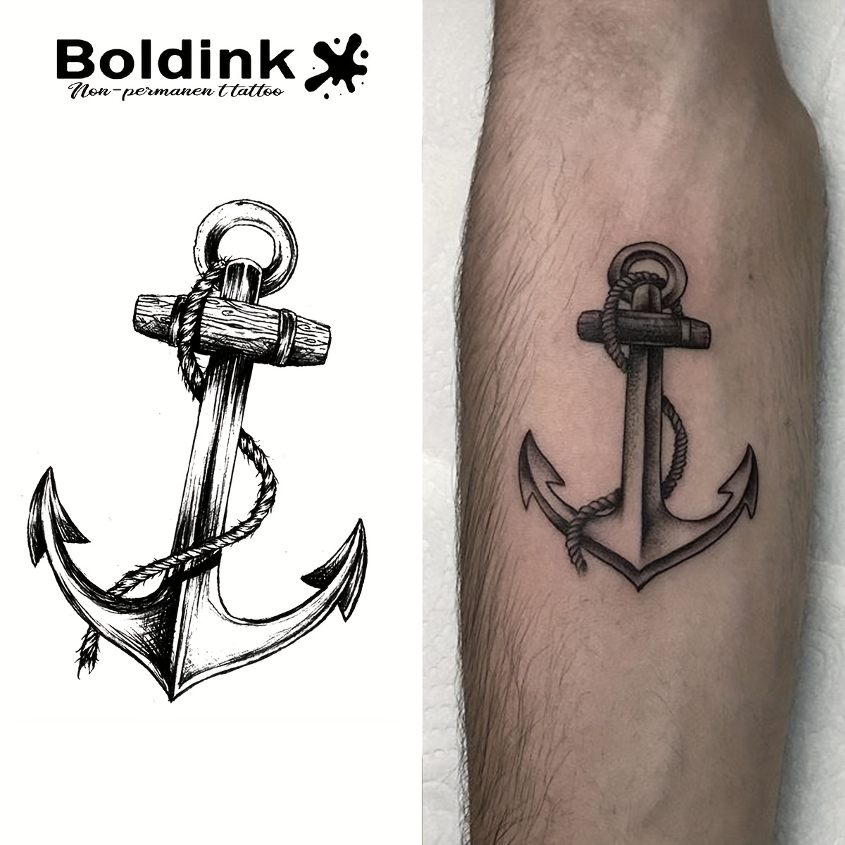 1pc * Midlertidig Tattoo, Realistisk Ankerdesign, Vannbestandig Enkel  Applikasjon, Varer 1-2 * Kjølig Mannlig Nautisk Kroppskunst, Oval Form, image size:1200x1200