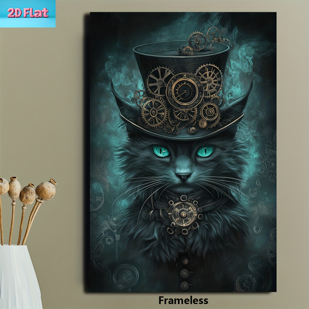 TEMU 2d Flat, 1pc Steampunk Black With Gears & Turquoise Goggles Frameless Vertical Canvas Painting - Dark Blue Green Golden Wall Art Poster For