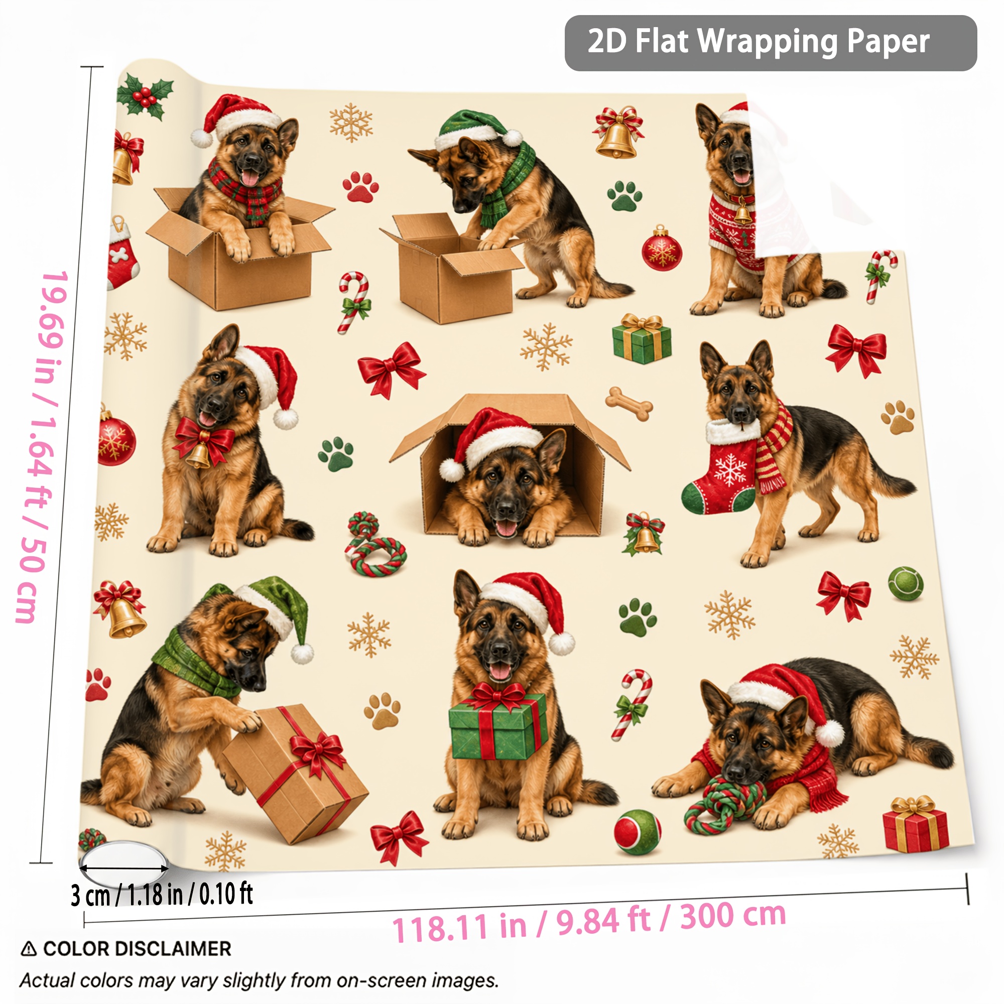 TEMU 1 Rouleau de de Noël 1.64Ft X 9.84Ft Motif Chien Boîte Cadeau pour Emballage Cadeaux Fête d'Année Hivernale