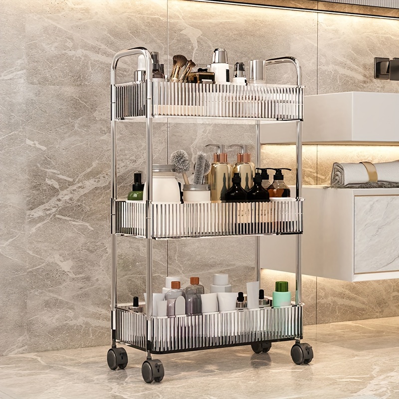 

Plastic Makeup Organizer Cart With Wheels - Foldable 3-tier Floor Stand Storage Trolley For Cosmetics, Bathroom, Kitchen, Bedroom - Multi-layer Snack, Bathroom Rack - No Electricity Needed