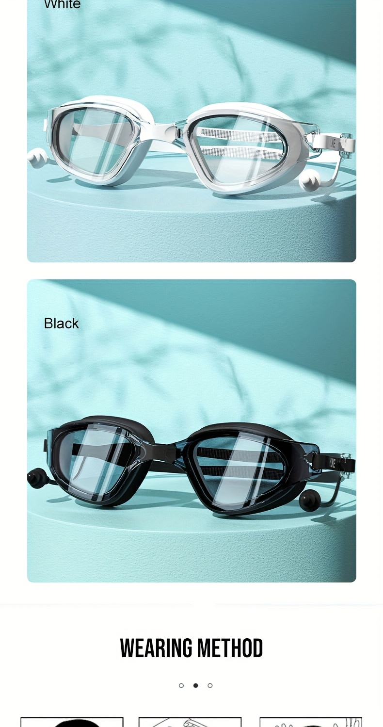 Adult high-definition swimming goggles, made of durable PC material, leak proof, with non fogging lenses and a frame design that provides a wide field of view. Available in black, white, and blue, unisex
