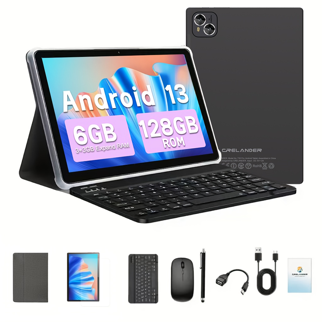 Image of Crelander 10.1" 2-in-1 Tablet Pc With -core, 6gb (3gb+3gb Expandable), 128gb Rom, Dual Camera, Stylus/mouse/leather Cover, Keyboard, Usb-c Charging, Wi-fi, 4g Lte, 1280x800 Resolution, Mtk Cpu