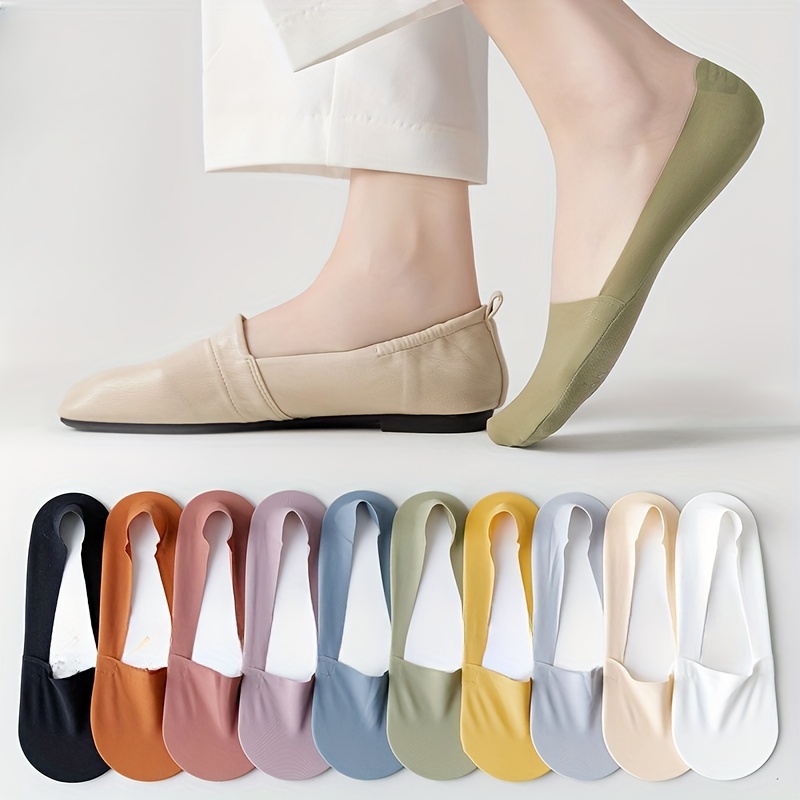 

10 Pairs Simple Solid Socks, Breathable & Lightweight Anti-slip Seamless Invisible Socks, Women's Stockings & Hosiery