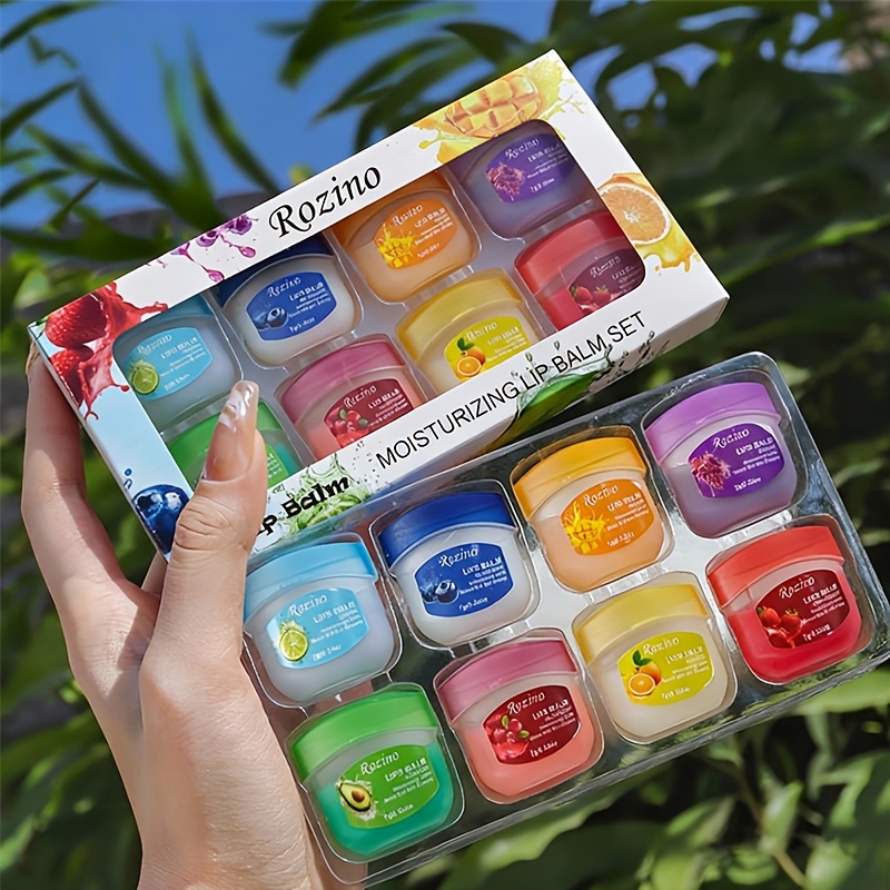 a set of 8 moisturizing lip balms made   and ingredients featuring 8 fruity flavored lip glosses   balms provide hydration and effects keeping lips moisturized for 24 hours     the lips and prevent peeling