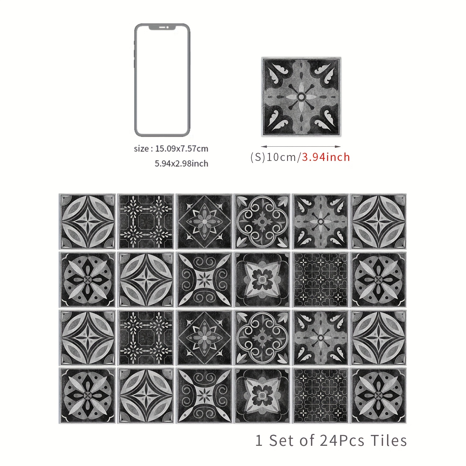 Image of 24pcs/set, Nordic Style Pattern Self-adhesive Tile Stickers, Waterproof And Moisture-proof Strong , With Its Own Protective Film , Used Room, Kitchen, Bathroom, Decoration Wall Stickers
