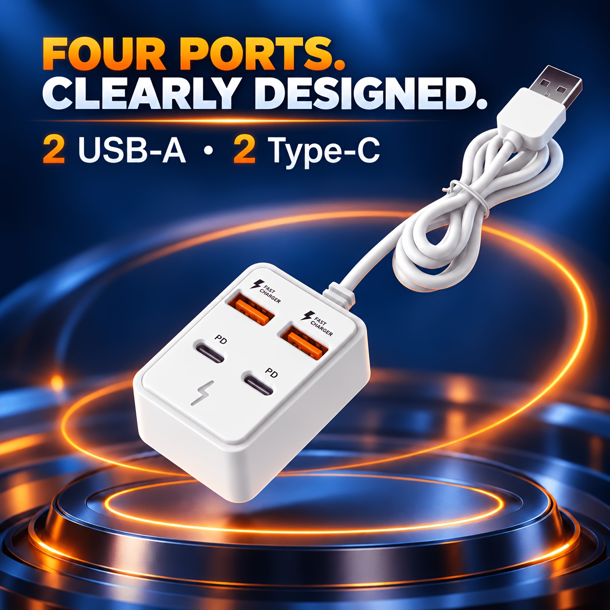 4-Port USB Fast Charging Station with Type-C and USB-A Ports