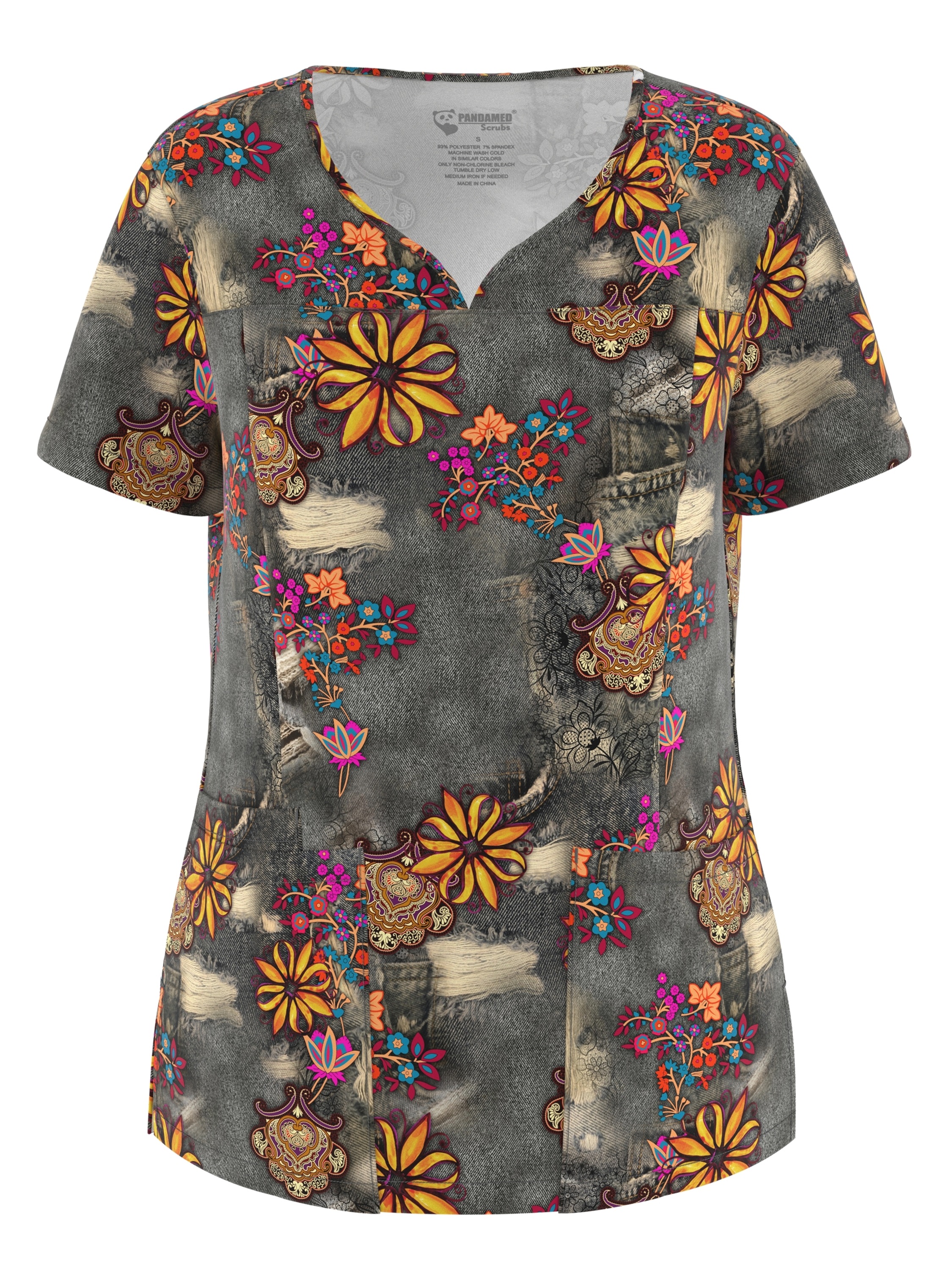 Elastic Printed Scrubs Top - V-Neck Elastic Printed Nursing Top - Women'S Classic Stretchy Uniform with Three Pockets 5-PPS104 162#.