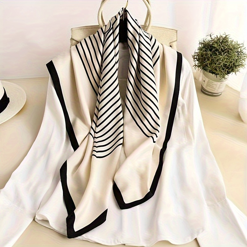 

35.43" Black Striped Square Scarf, Simple Thin Satin Shawl, French Sunscreen Windproof Head Wrap For Women
