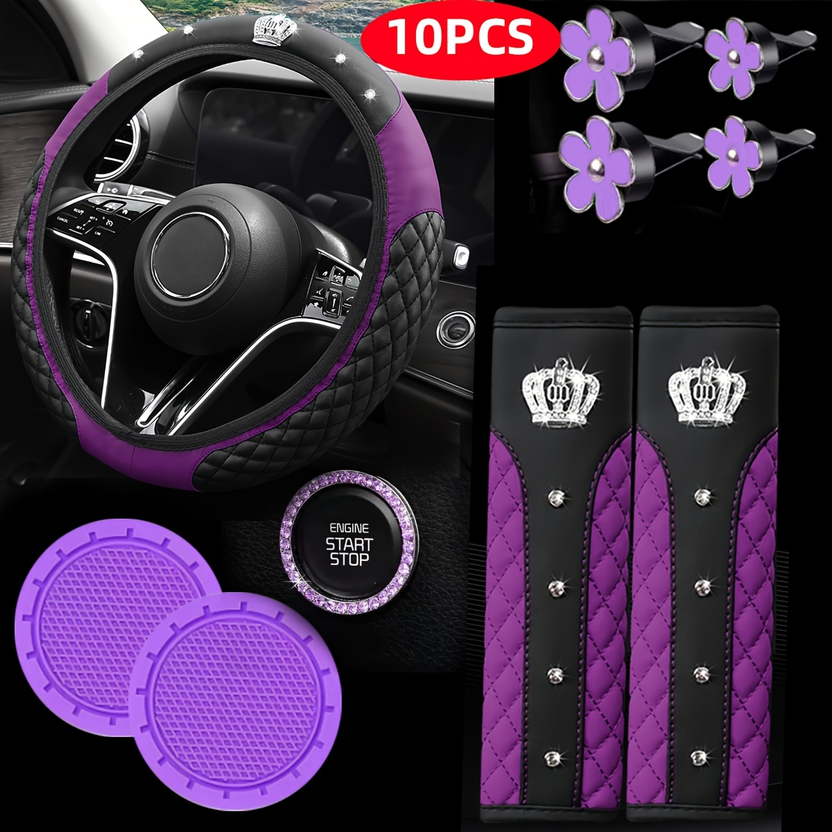 TEMU 10pcs Universal Steering Wheel Cover Shoulder Pad Set Daisy Air Outlet Clip - Great Value Combo Set, Non-slip Breathable Universal Car Interior