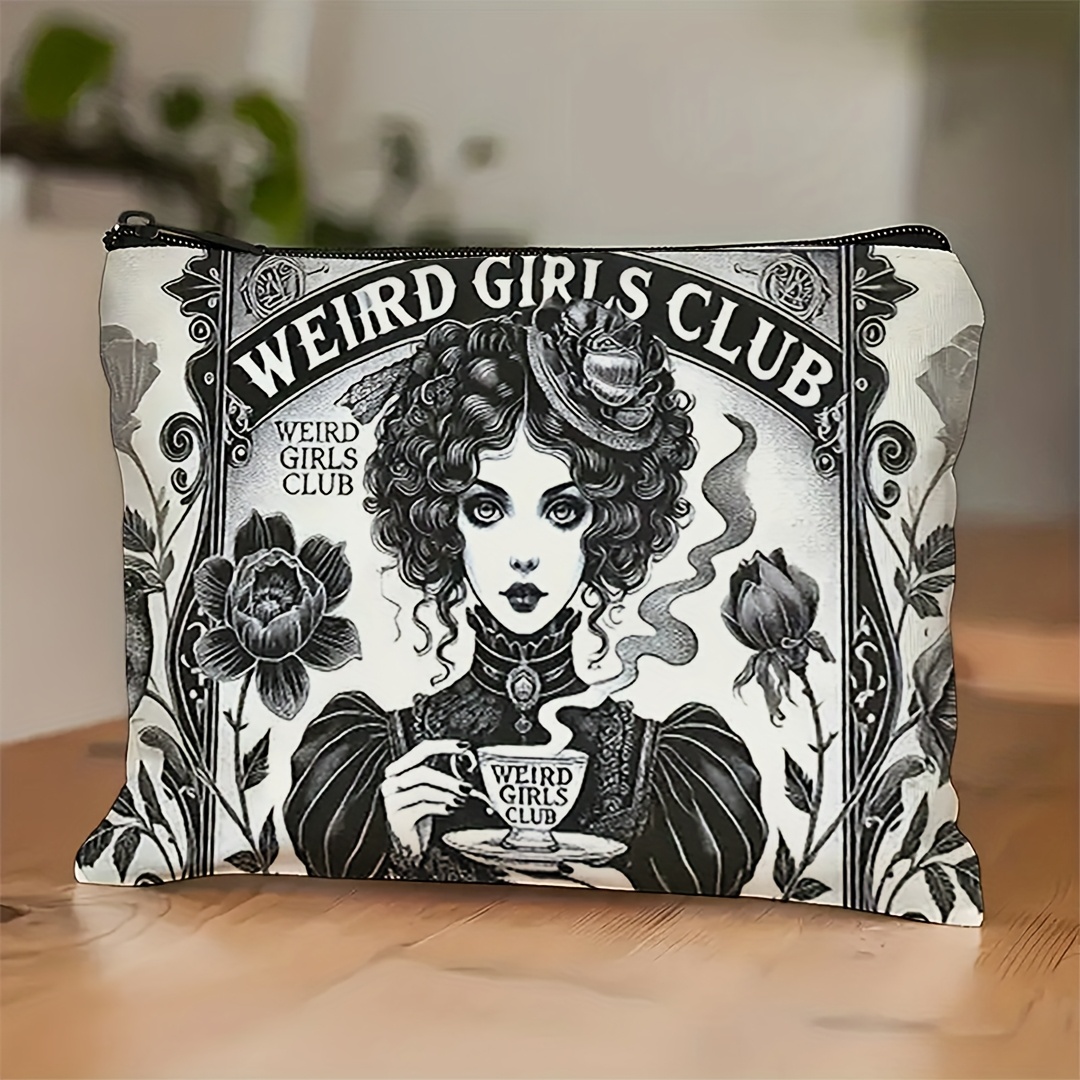 TEMU 1pc Elegant Retro Gothic Victorian Style Makeup Bag - Material With Whimsical Club Lettering, Victorian Teacup Design, Black And White Floral