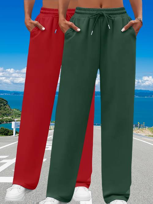 womens 2pcs solid color long pants drawstring elastic waist casual trousers with pockets suitable for jogging pants for women
