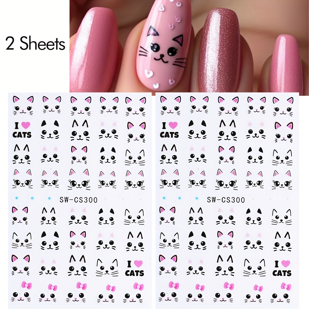 Image of 2 Sheet Cute Cats 3d Nail Stickers Face Pets Creative Self Adhesive Nail Decals For Nail Designs Decorations