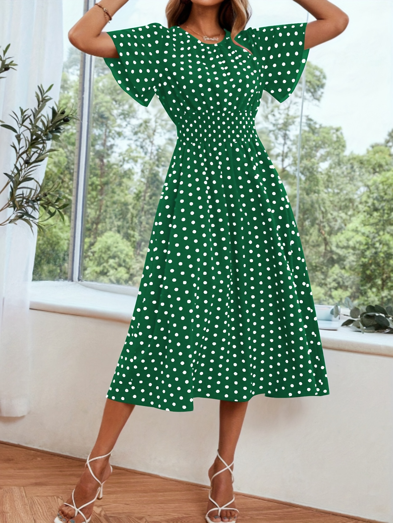 womens elegant green white polka dot dress flattering fit Temu