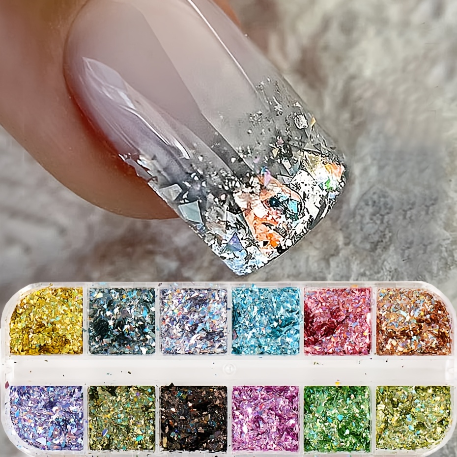 Image of 12 Colors Aurora Sequin Irregular Foil Paper Sparkly Flake Colorful Glass Paper Paillette Luxury Holographic Laser Sequin Nail Diy Decoration