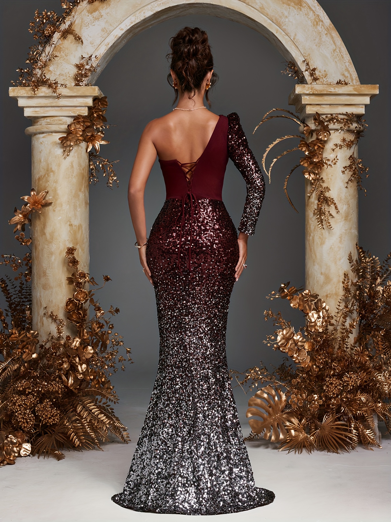 burgundy lace midi dress with sleeves Auburn Lace Mesh Panel Maxi Dress S main image 0