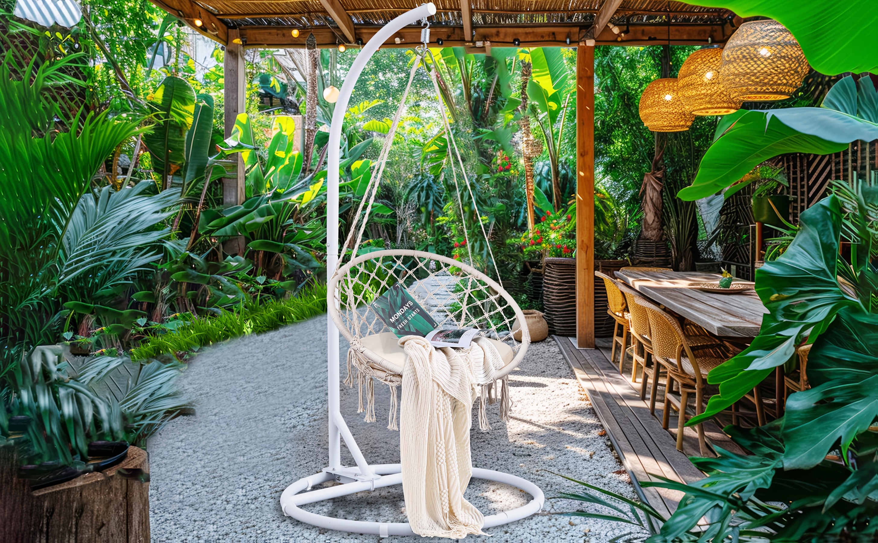 macrame hammock swing chair set including cushion and round base heavy duty hanging stand for outdoor patio garden   details 1