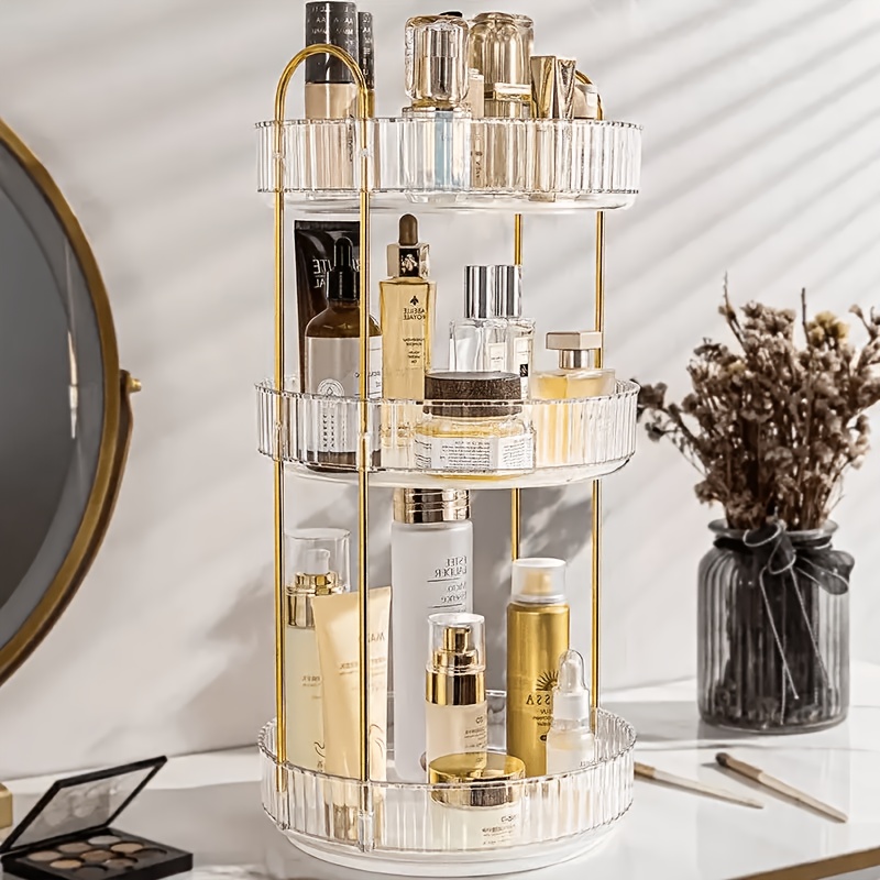 TEMU Rotatable Cosmetic Organizer With Transparent Ridged Lid And Light Luxury - 360° Spinning Tray, Large Capacity Double-layer Countertop Storage