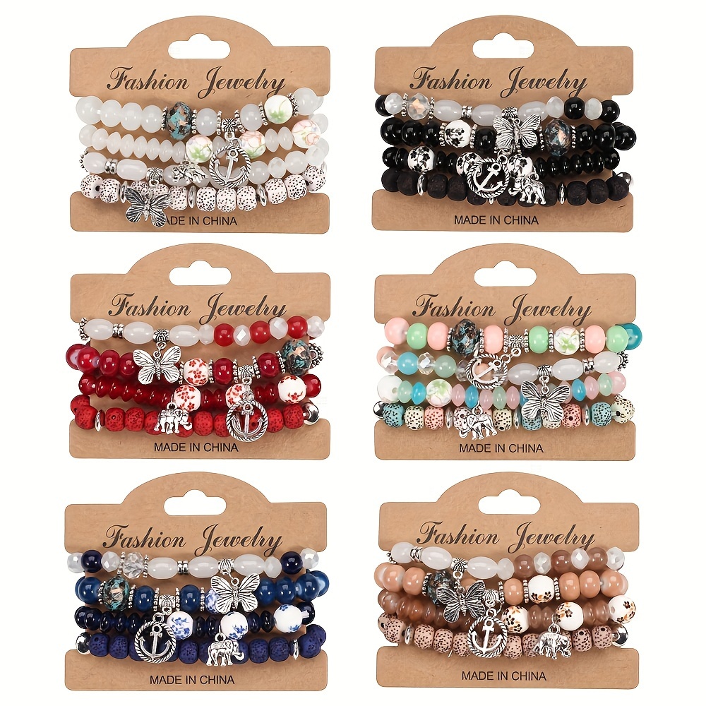 

24pcs/6set Bohemian Layered Beaded Bracelet With Elephant & Butterfly Pendant Stretch & Stackable Bracelet For Women Girls Summer Beach Jewelry Accessories