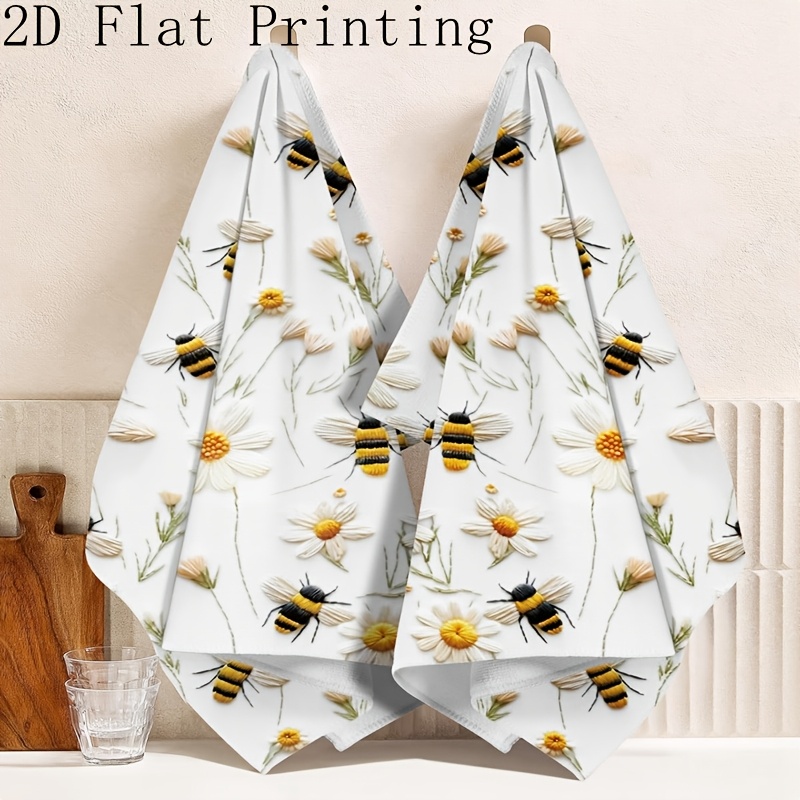 TEMU 2pcs Farmhouse Bee & Daisy Dishcloths - Bee Cleaning Towels Suitable For Kitchen, Picnic, Camping - Cute Flower Dish Towels, Spring Summer Hand
