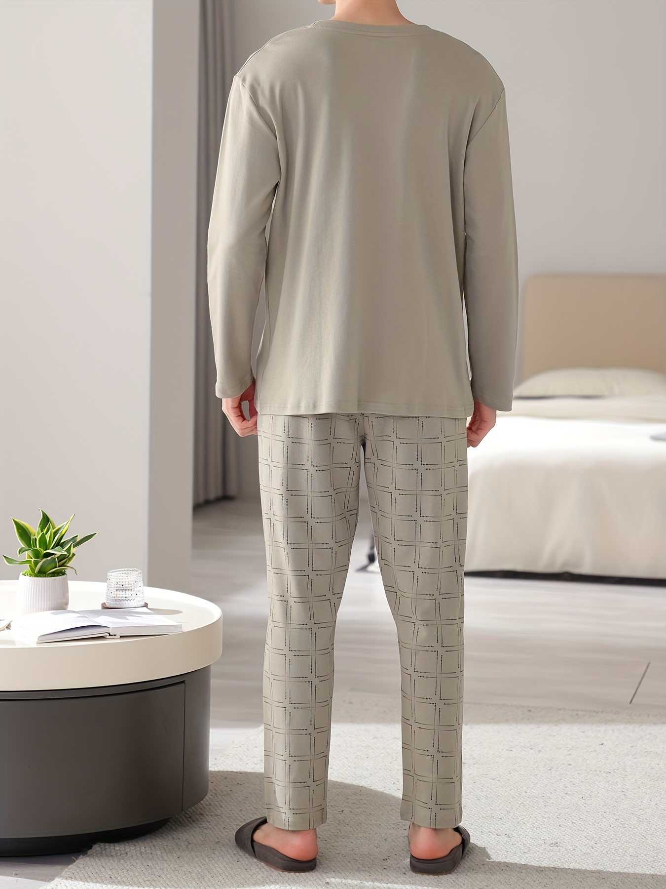 1set Men'S Casual Cotton Pajama Set, Long Sleeve Round Neck Sleepwear with Pockets, Loose Fit Knitted Pullover for Spring/Autumn - Comfortable Thin Cotton Outfit