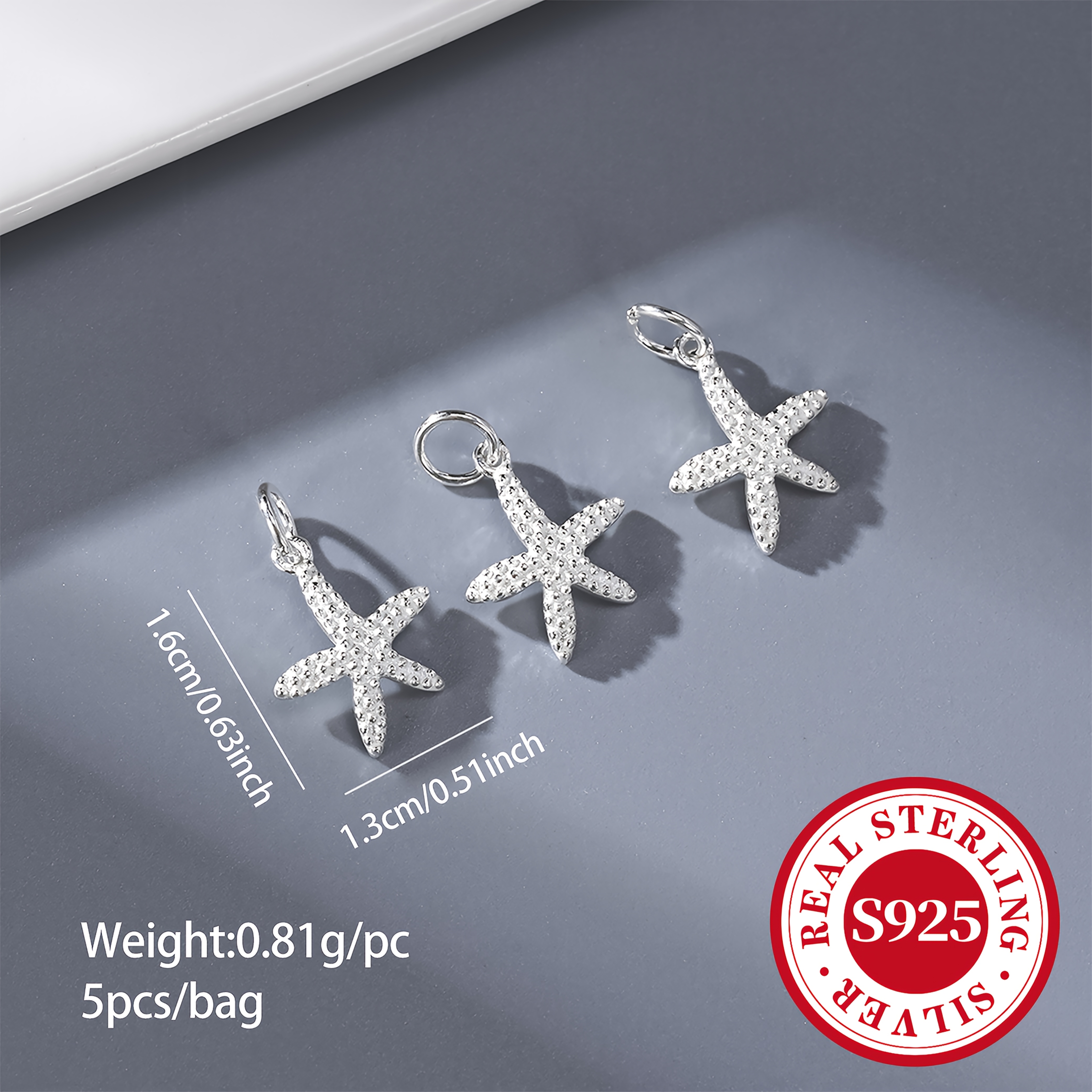 TEMU 5pcs Per Pack Of S925 925 Starfish Pendants For Handmade Beaded Woven Bracelets, Necklaces, And Accessory Materials