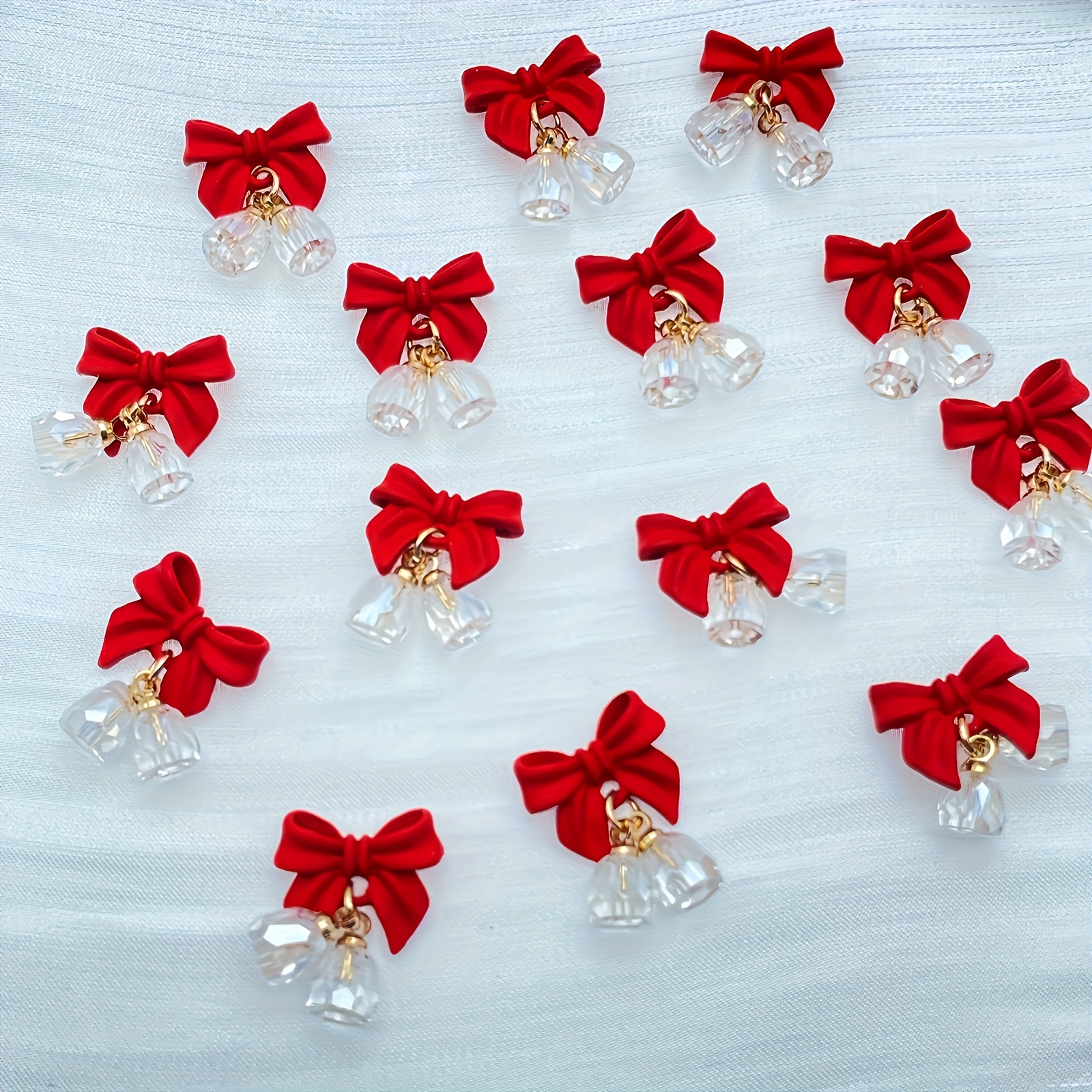 10 Christmas Bell And Red Bow Nail Art Pendants, Additions