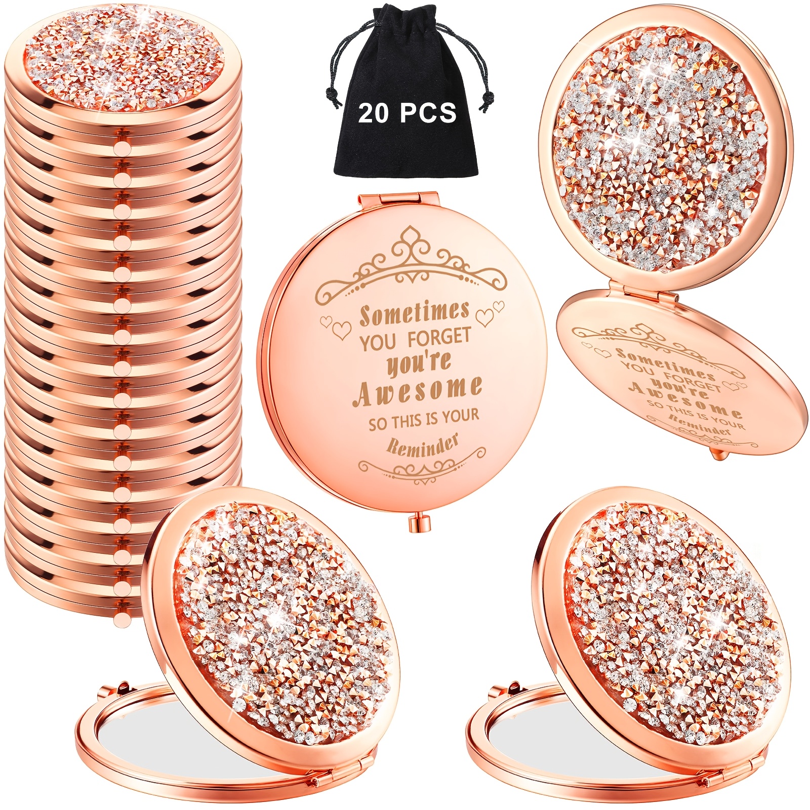 TEMU 20pcs Golden Compact Folding Mirrors With Rhinestones - Portable Pocket Makeup Mirrors, 1x/2x, Ideal For Travel & Gifts, Hand Held, Cosmetic,