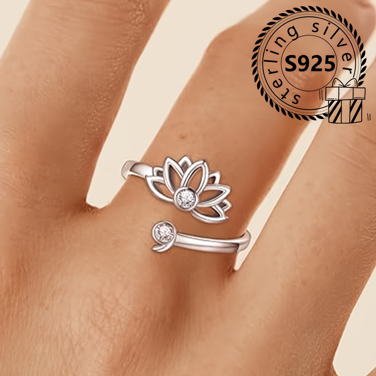 925 Silver Lotus Chakra Ring Adjustable Band with Cubic Zirconia