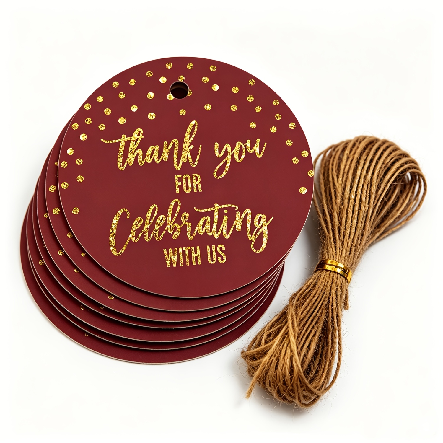 TEMU 49pcs Golden English Thank You Round Hanging Tags, Burgundy Background With Golden Polka Dots, Wedding Favor Tags, Party Gift Packaging Hanging