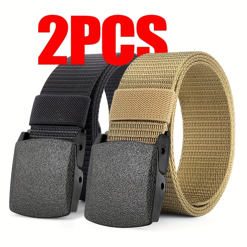 TEMU 2026 New 2pcs Unisex Canvas Belt Set – Lightweight & Breathable Sport Belts With Square Plastic Buckle, Quick-through Design For Travel,