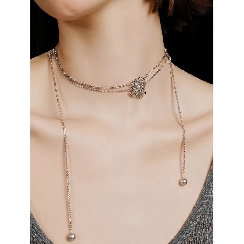 Women's Gray Bead Lace Flower Silvery Necklace, Exquisite Design