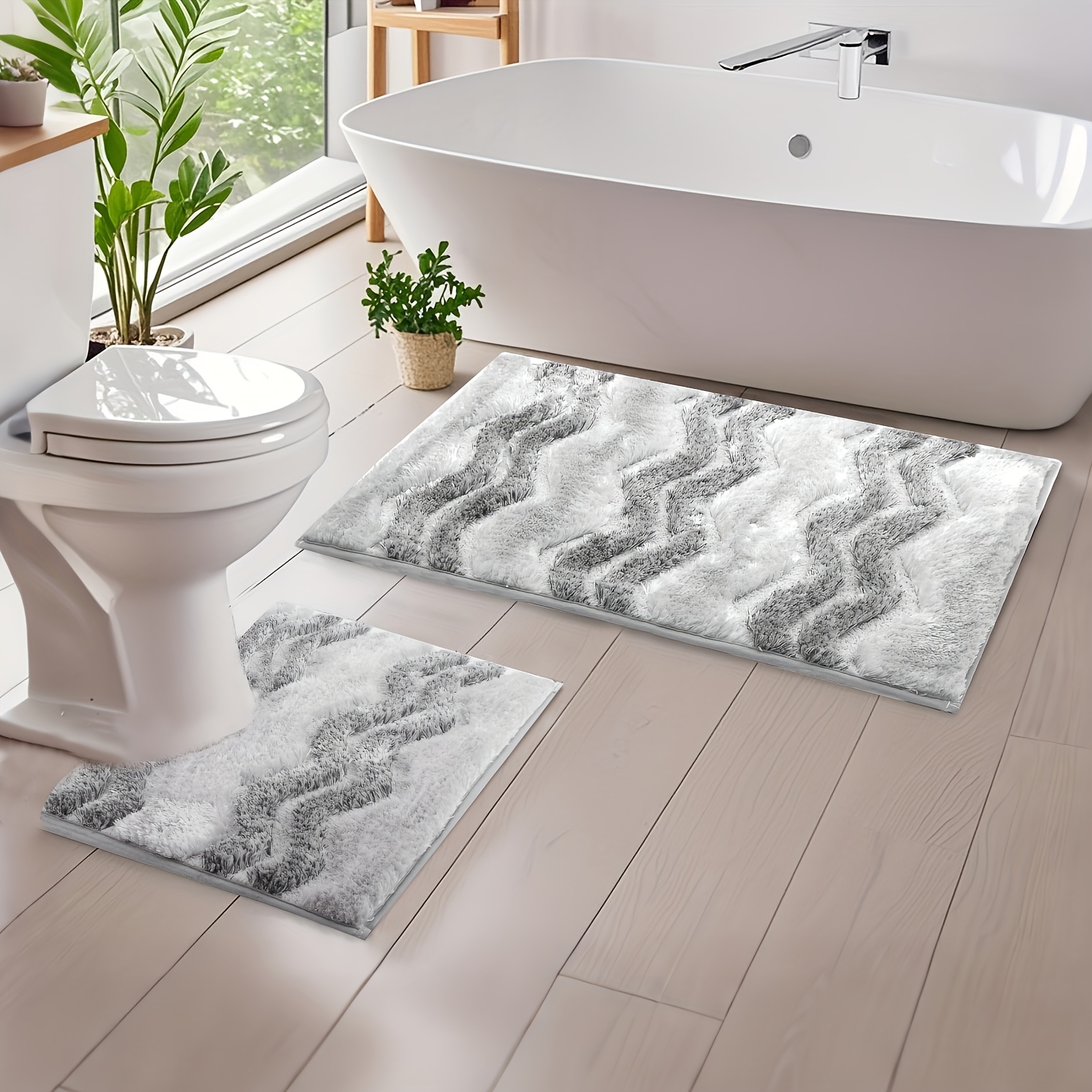 Image of 2pcs Bathroom Rugs Luxury Chenille Mats, & Super Absorbent Shaggy Rugs, Square Contoured Toilet Mat, Machine Washable Bath Mat For Tub Shower, Non Slip Dry Fast Bedroom Area Rugs Perfect For Door Mat