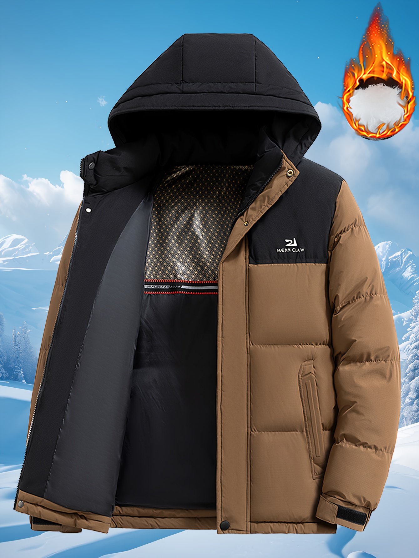 Manteau d'hiver pour homme, veste épaisse 100% polyester avec capuche amovible, coupe-vent, pour le quotidien et activités extérieures