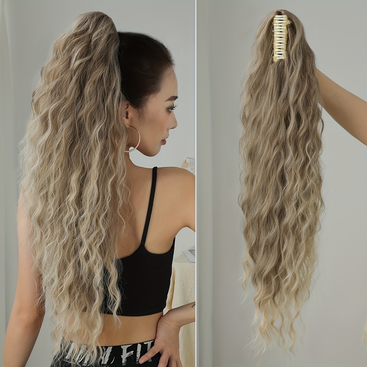 Image of Claw Ponytail Extension 22 Inch Water Wave Wavy Curly Clip In Hair Extensions Soft Looking Synthetic Hairpiece