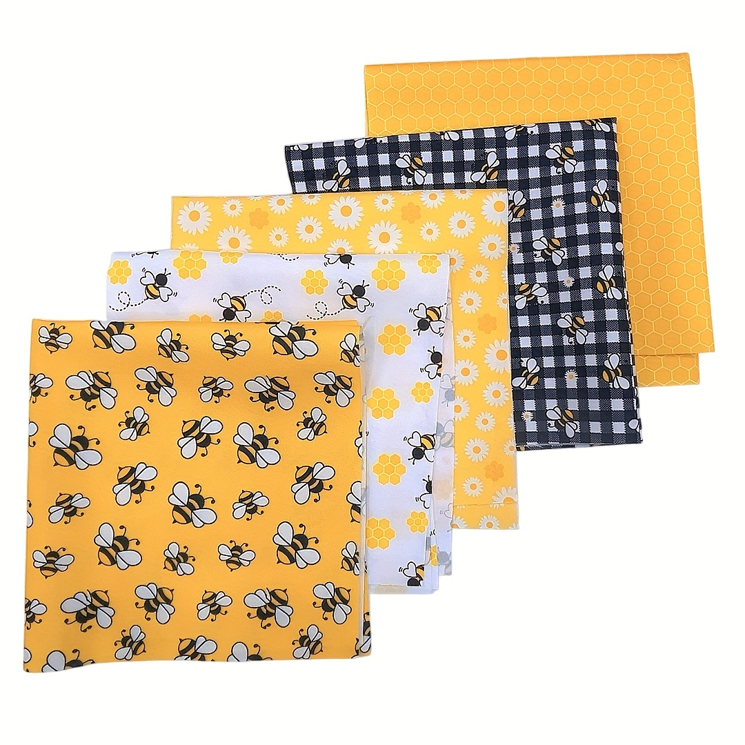 TEMU A Set Of 5 Bee-themed Fabric Bundles Featuring Daisies And Honeycomb Patterns, Perfect For Spring And Summer Crafts, Wallet Making, , And Gifts,