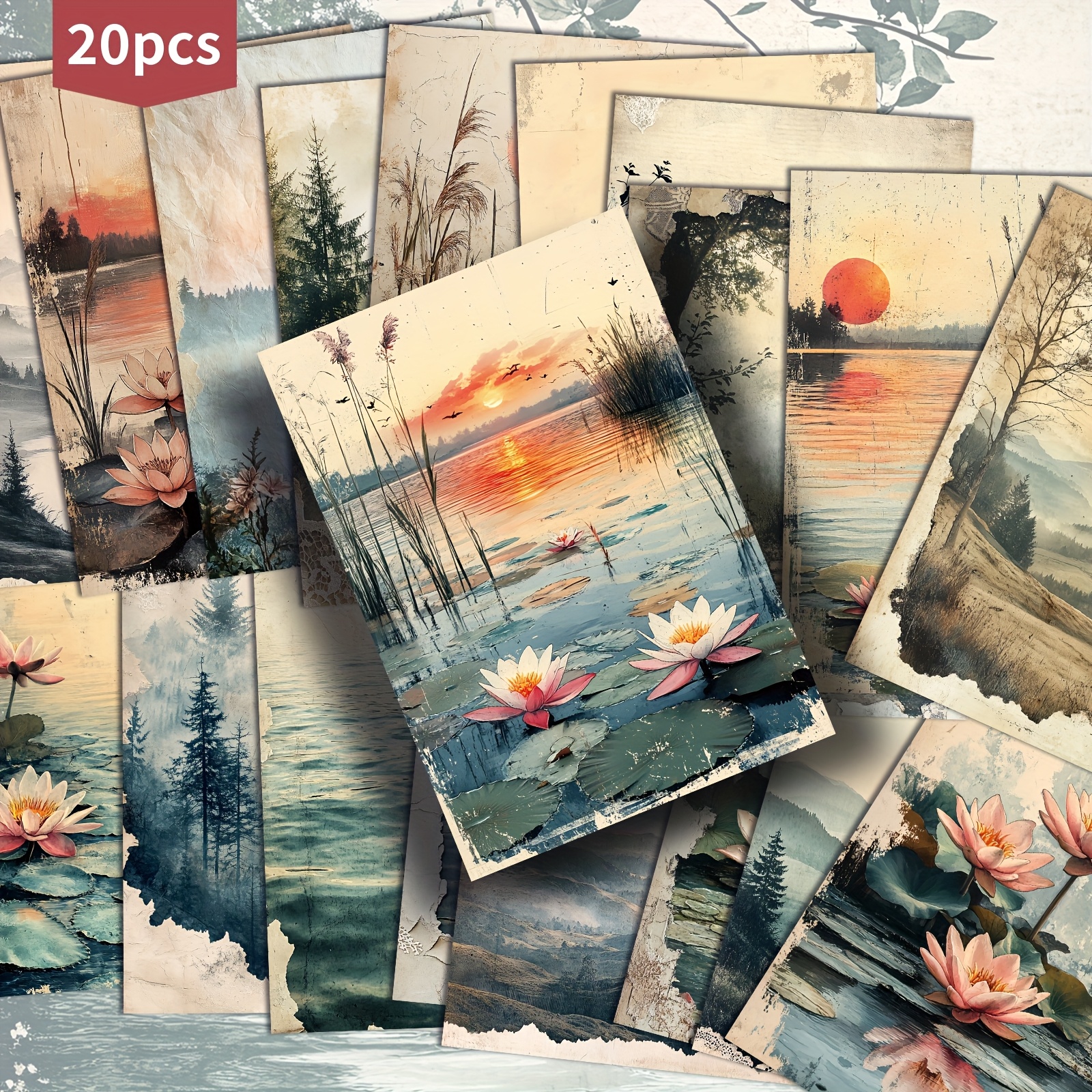 TEMU 20-pack Asstss Vintage Lake For Lotus Shabby Chic Postcards - Shabby Cottagecore Landscape Cards With Lotus Lake Illustrations, 4x6 Junk Journal