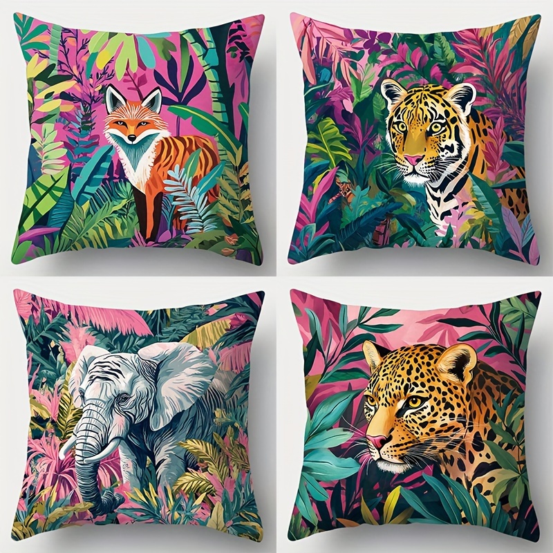 

4 Pieces Contemporary Printed Pillowcases Featuring Animals - Suitable For Living Room Sofas, Beds, Bedrooms, And Home Decoration - Without Pillow - Hand Wash Only - Zipper Closure - Suede Fabric