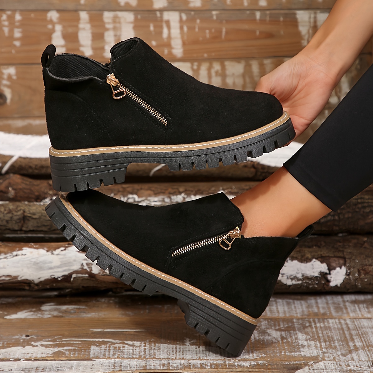 xx012 3 womens chunky heel ankle boots with double zipper closure round toe winter casual boots in black grey beige tpr sole fabric upper for everyday   stylish streetwear   durable traction footwear Product details 4