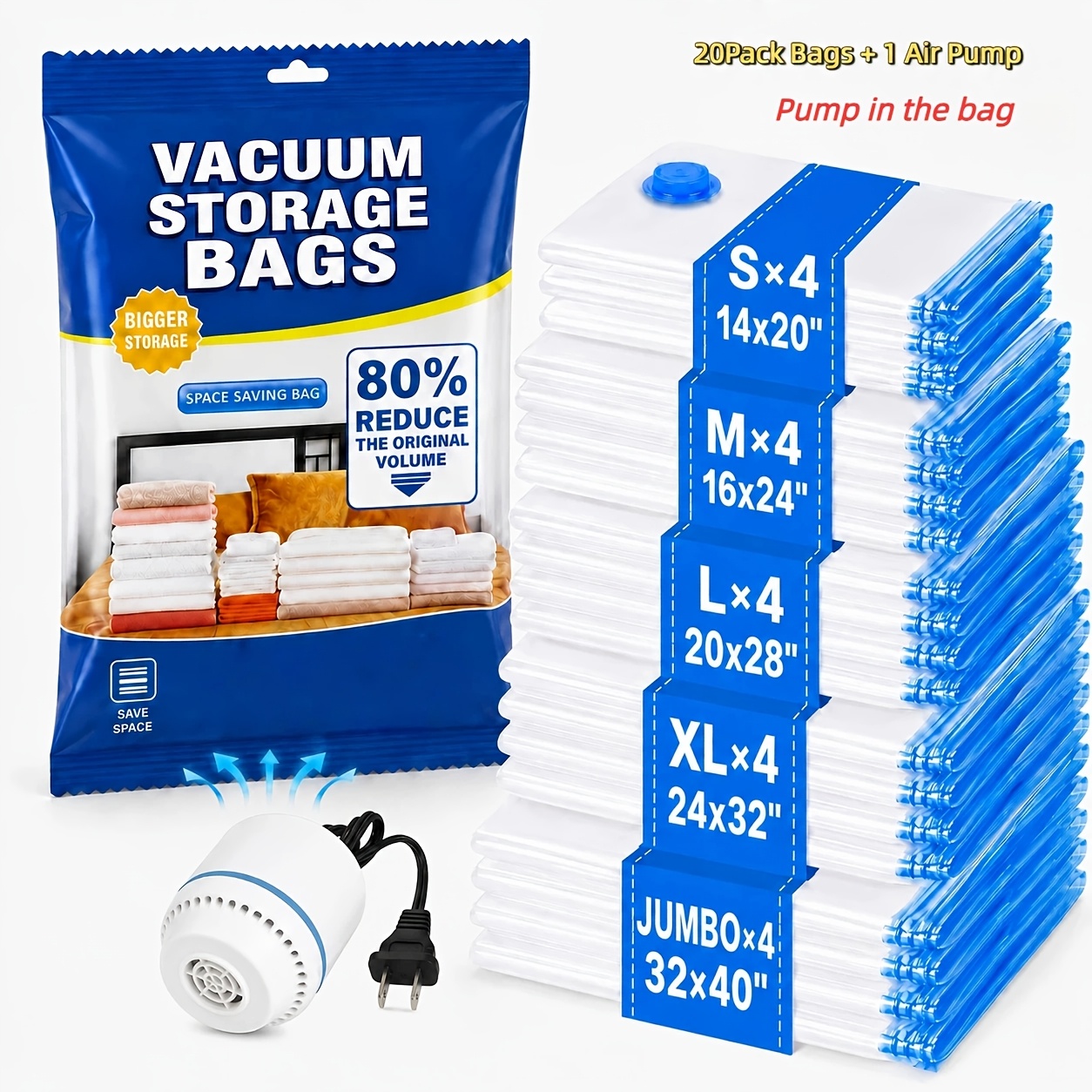 TEMU 20 Pack Travel Vacuum Bags Set With 1pc Air Pump (optional), 5 Sizes Space Saver Vacuum Storage Bags For Luggage And Suitcase,