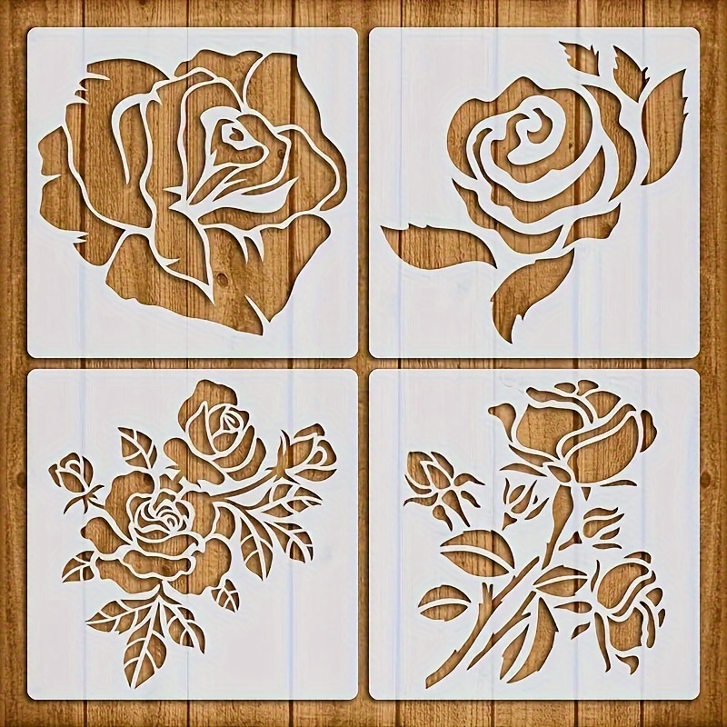 A Set Of 4 Large Rose Flower Templates For Crafts, Suitable For Wall Art, Scrapbooking, And Coloring, Featuring 6"x6" Reusable Painting Stencils Made From Durable Milky White Pet Material