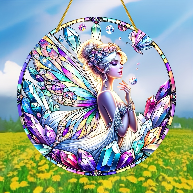 

Enchanting Fairy Sun Catcher - Colorful Glass-style Circular Wreath Sign (5.9"x5.9") - Perfect All-season Gift, Window Hanging & Wall Decor Fairy Yard Decorations Outdoor Fairy Decor
