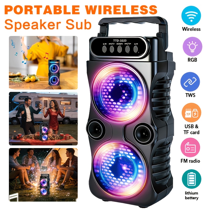 TEMU Portable Pa Wireless Speaker With Rgb Lighting, Compact Subwoofer, And Fm Radio; Supports Bt/tws/fm/usb/tf/microphone Input; Perfect For House