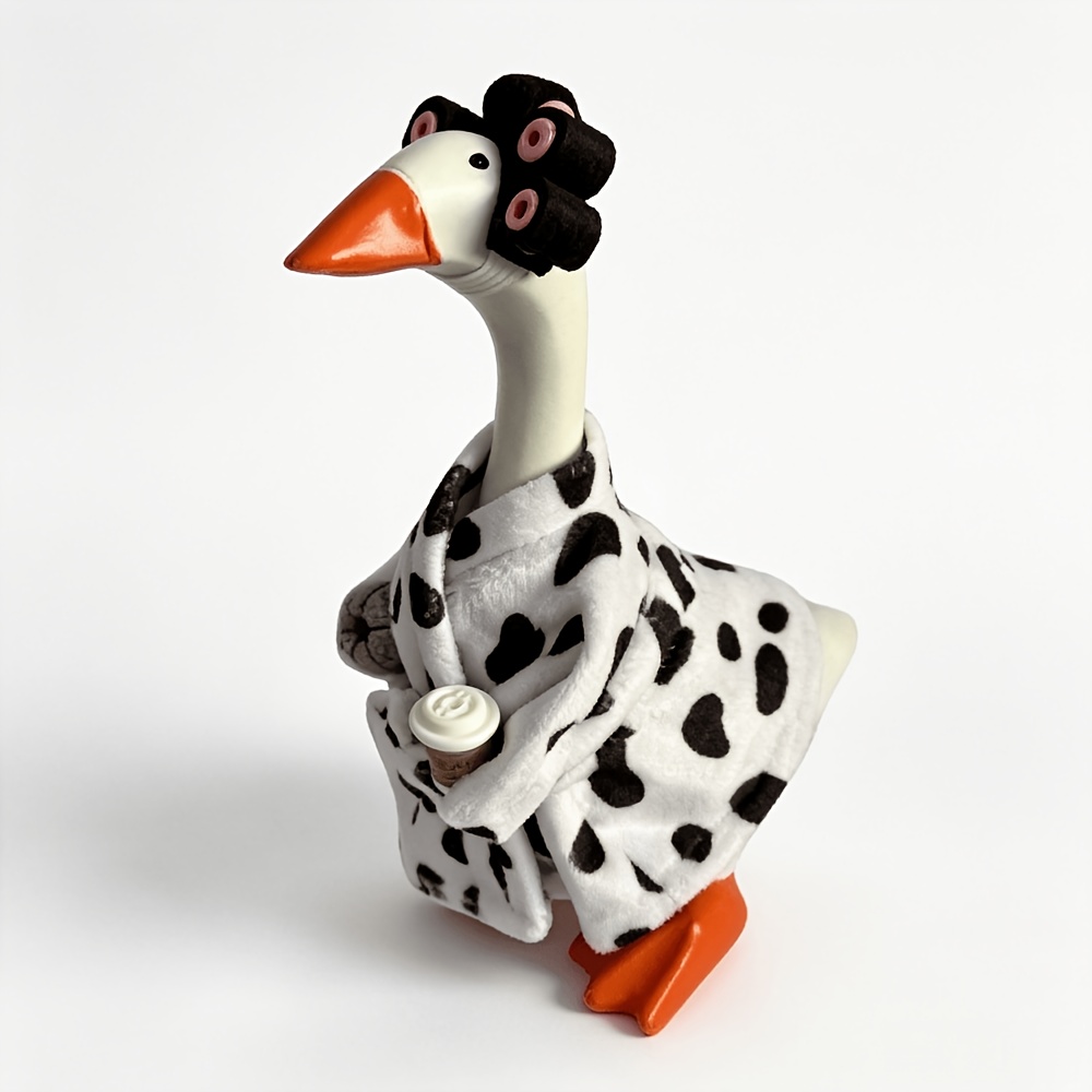 TEMU 7-inch (17.78 Cm) Goose-shaped Ornament Set, Black And Print Bathrobe, Curly Hairstyle, Suitable For Desktop And Porch Goose Decorations