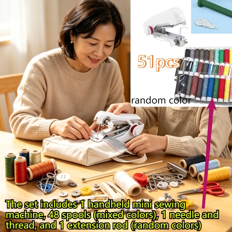 TEMU 2026 New Model: Portable Mini Household Sewing Machine, No Electricity Required. This Set Includes 1 Handheld Mini Sewing Machine, 48 Spools Of