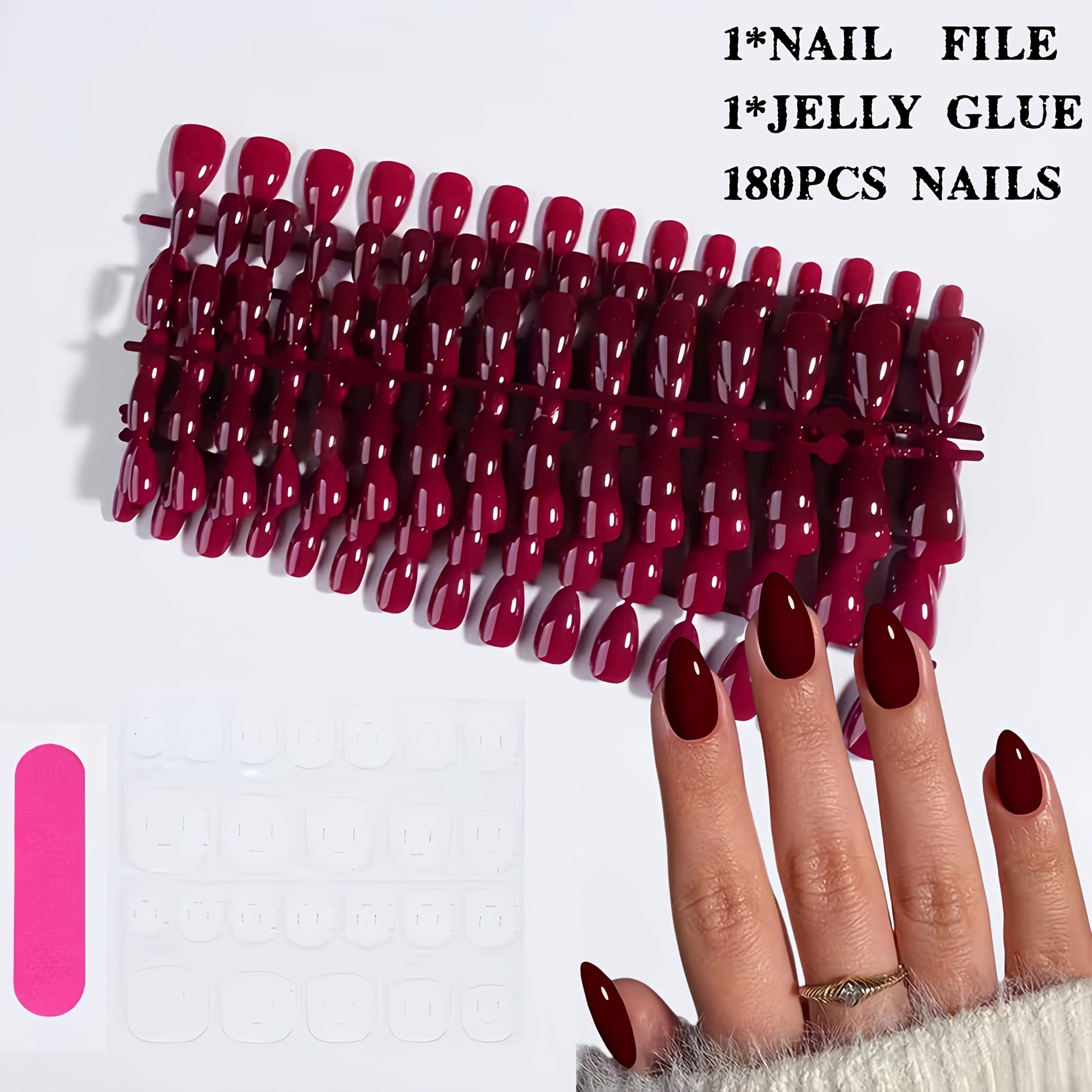 TEMU 181pcs Set: 90 Cherry Red + 90 Wine Red + 1 Storage Bag. Cherry Red And Wine Red Almond-shaped Short Fake Nail Set, Offering 15 Different Sizes.