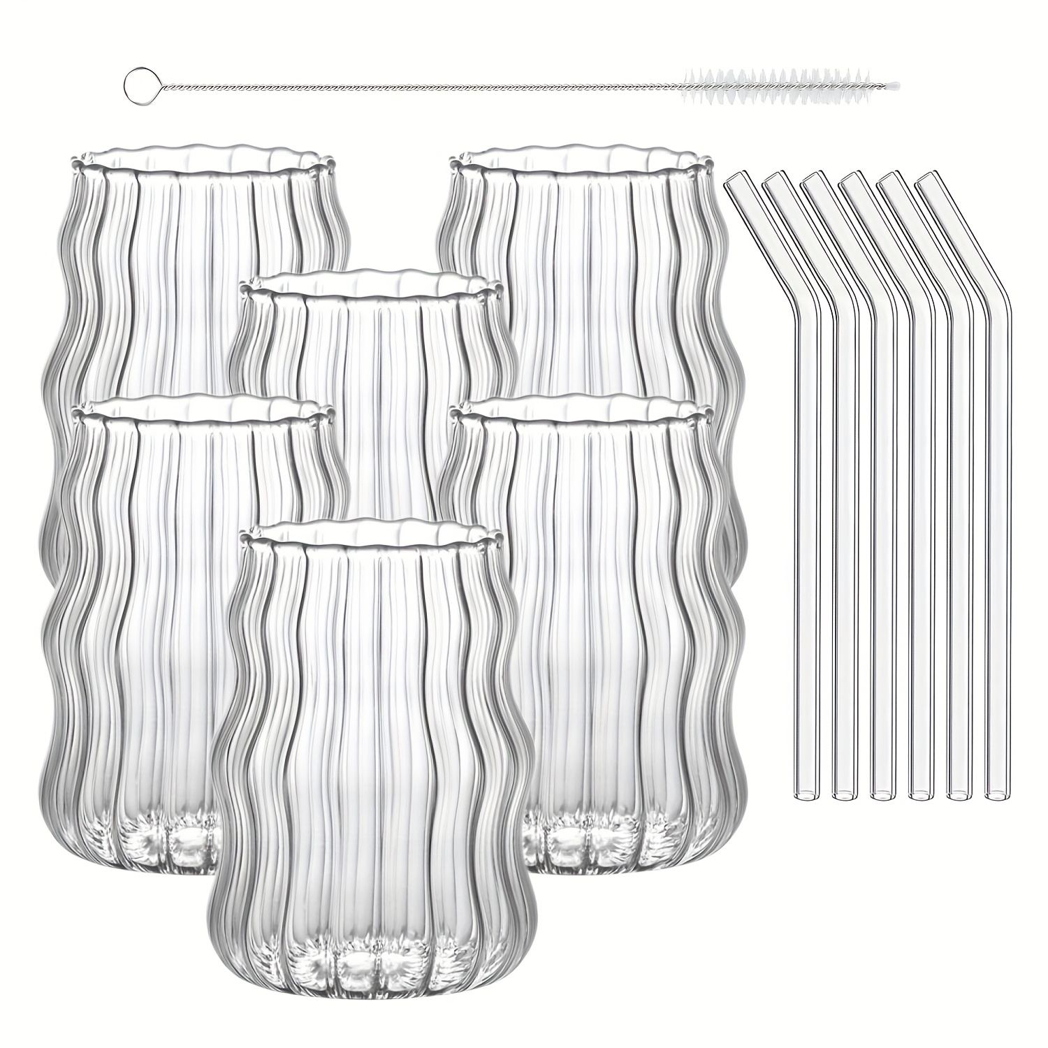 Image of 6pcs Cloud-shaped Glass Cups, Clear Striped Style, 530ml/18oz, With Straw And Straw Brush. Suitable For Ice Cream, Cold Drinks, Coffee, And Juice. Ideal For Home, Cafes, And Beverage Shops